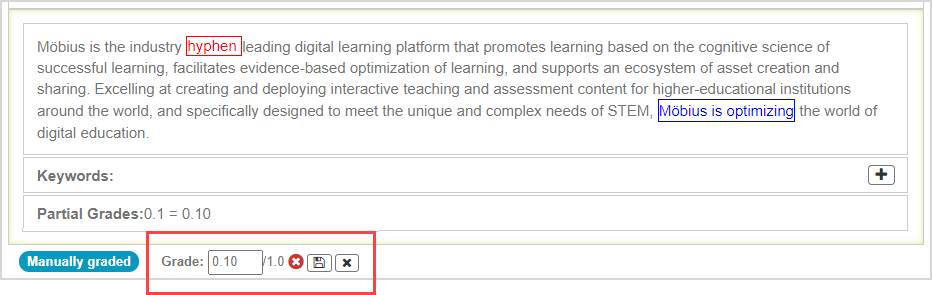 The updated part grade in the Question pane is highlighted.